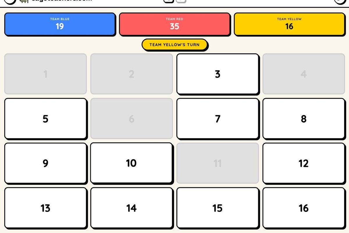Quizmaster 4 by 4 board on the whiteboard with team scores