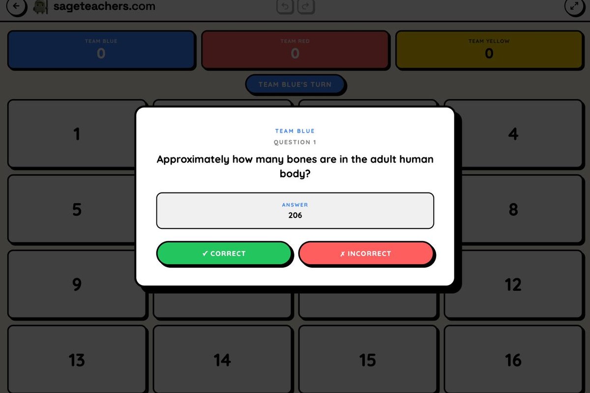 A question revealed with the answer and Correct or Incorrect buttons