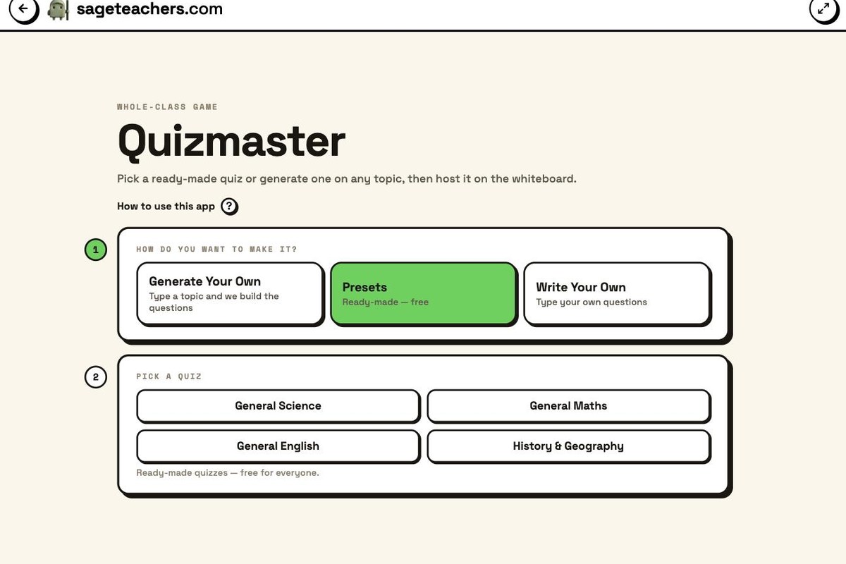 Setup screen with Presets, Write Your Own and Generate modes