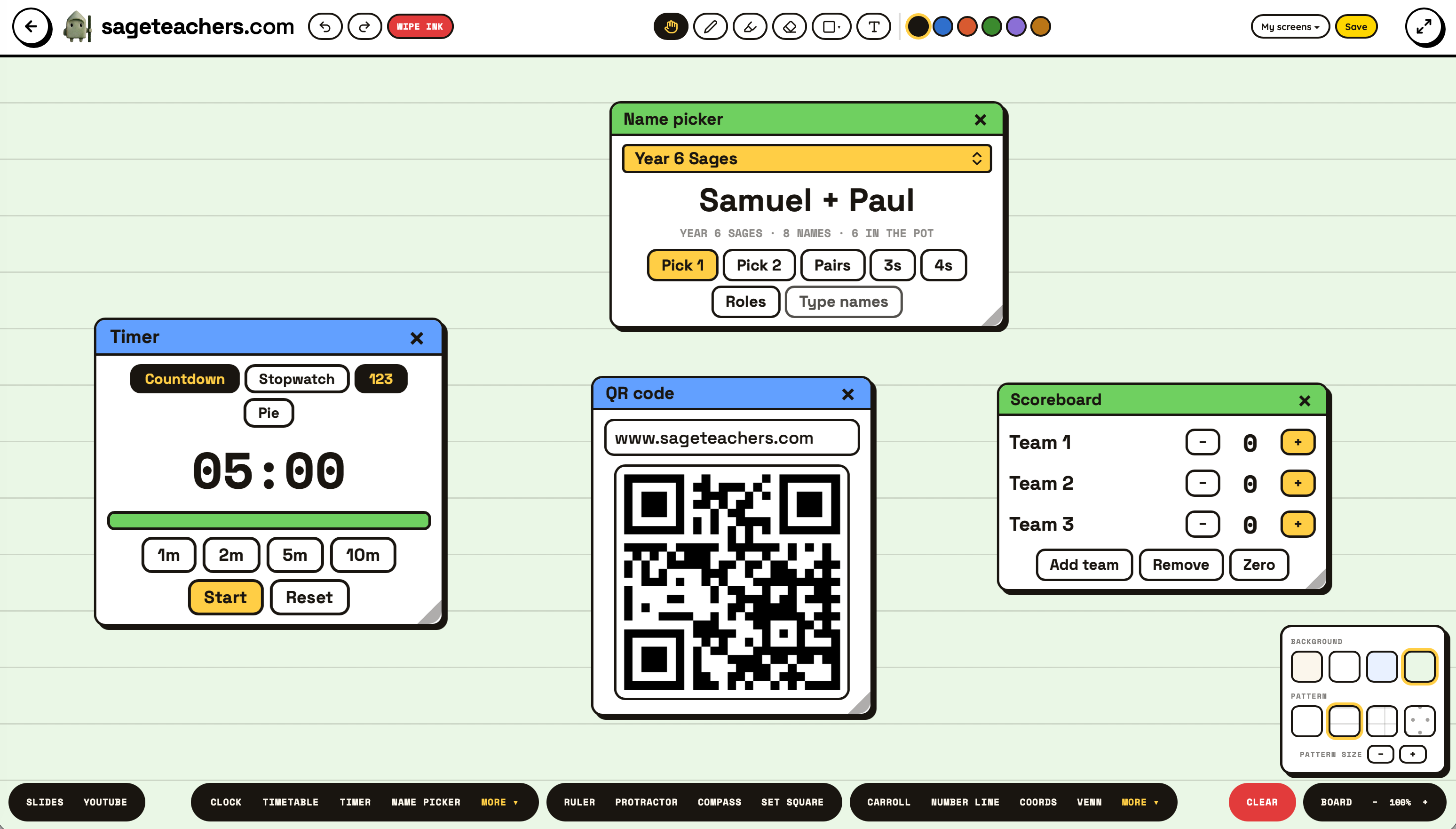 Whiteboard timer, name picker and scoreboard widgets on one screen