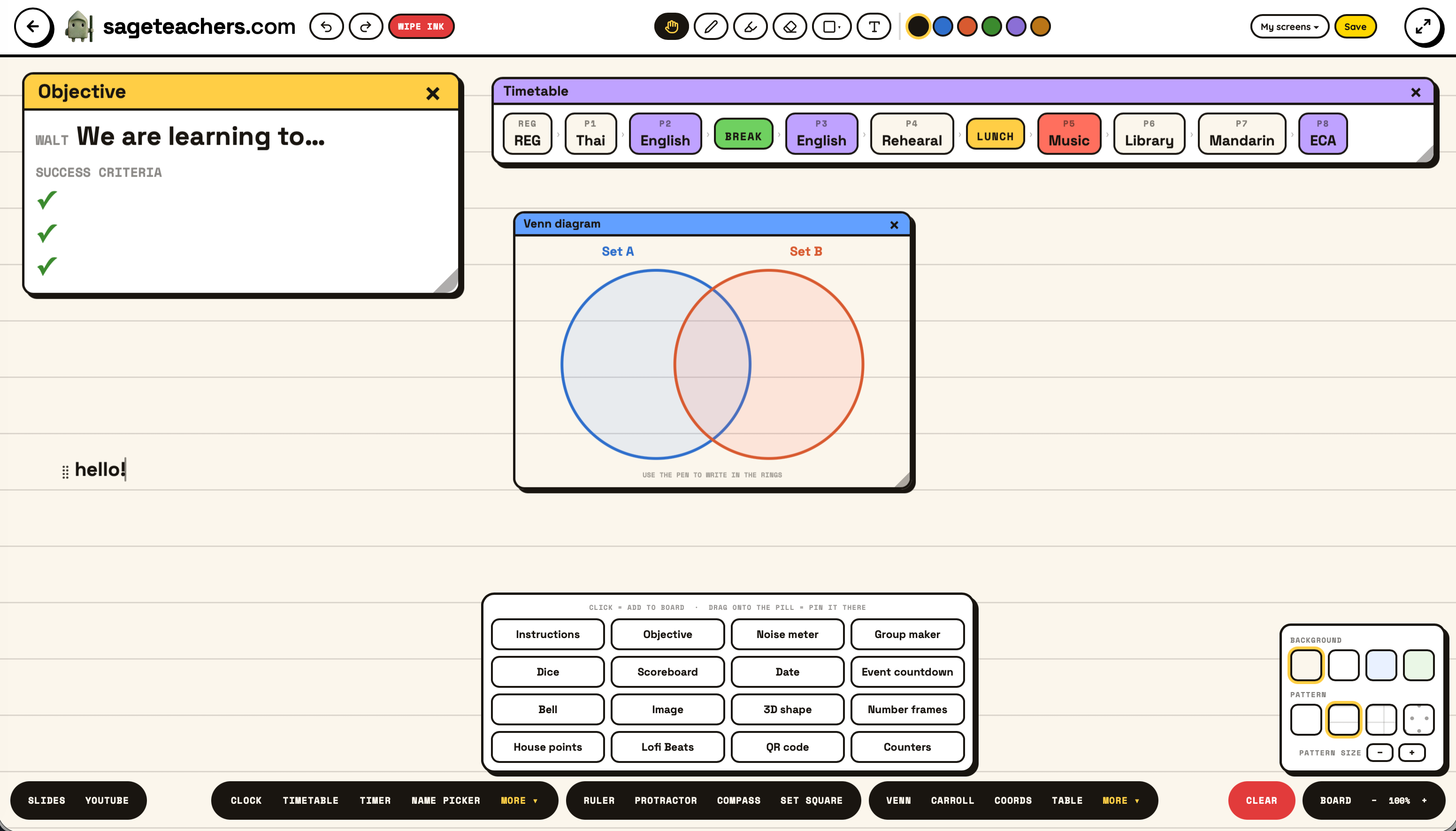 Whiteboard learning objective, timetable and Venn diagram