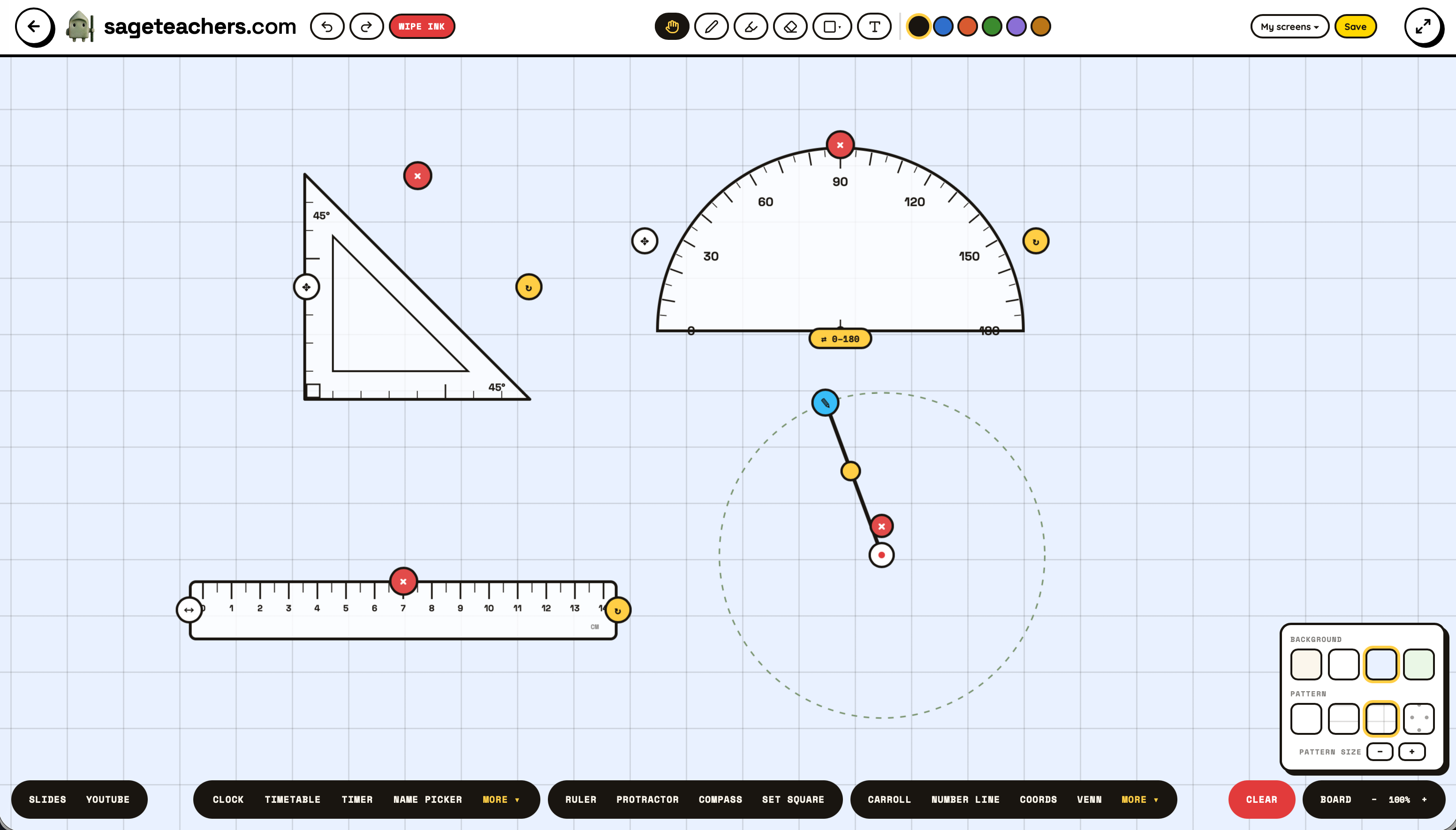 Whiteboard ruler, protractor, compass and set square