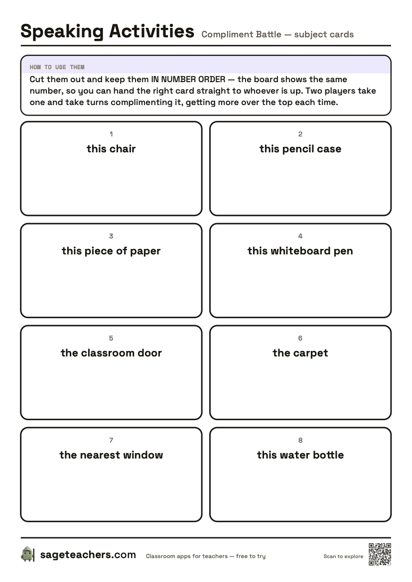 The printable subject cards: numbered cut-out cards, each naming one very ordinary thing to compliment.