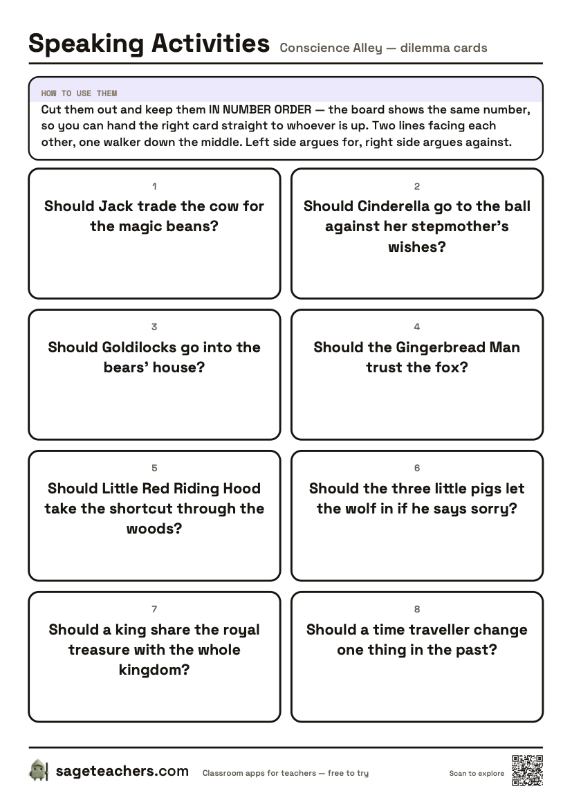 The printable dilemma cards: numbered cut-out cards, each carrying one decision for a character to face.