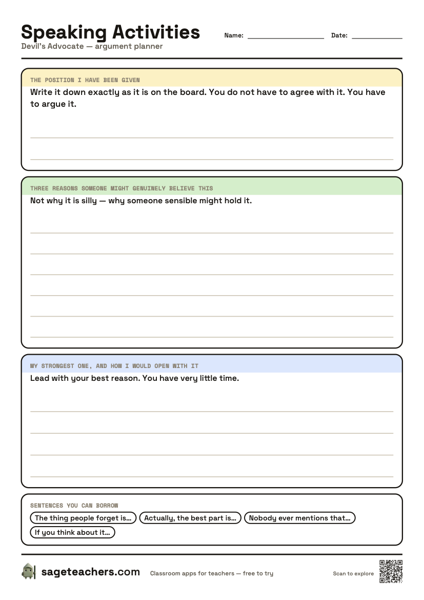 The printable argument planner: the position you have been given, three reasons someone might believe it, and your strongest opening.