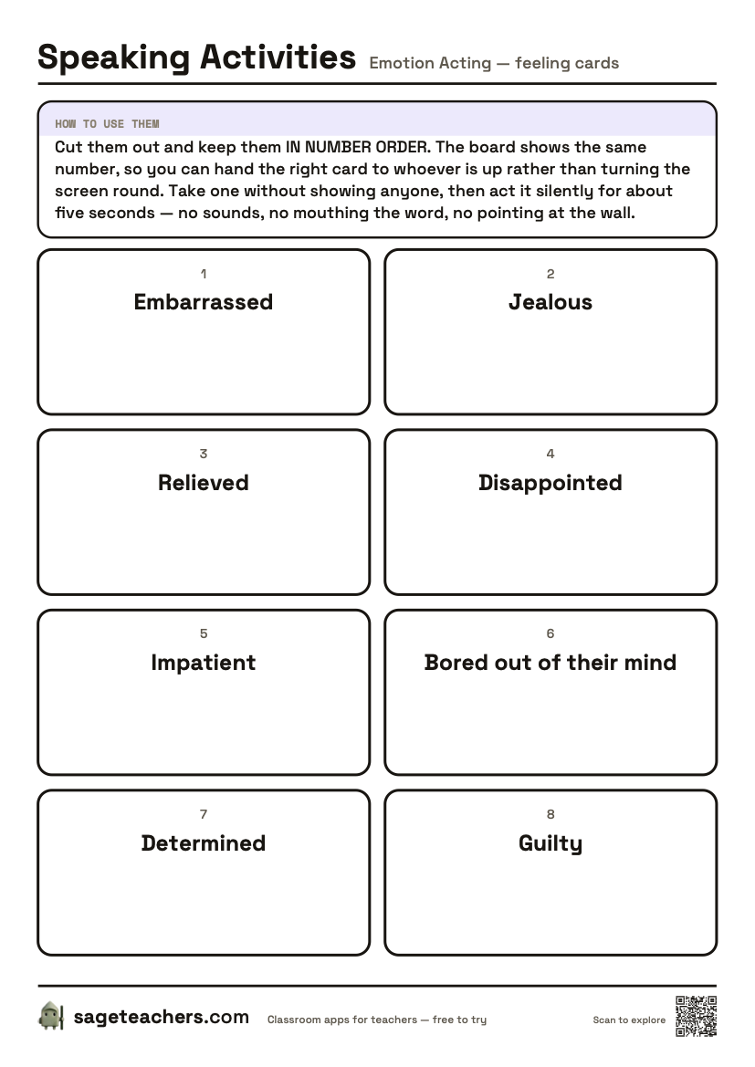 The printable feeling cards: cut-out cards each carrying one emotion word for a child to act out.