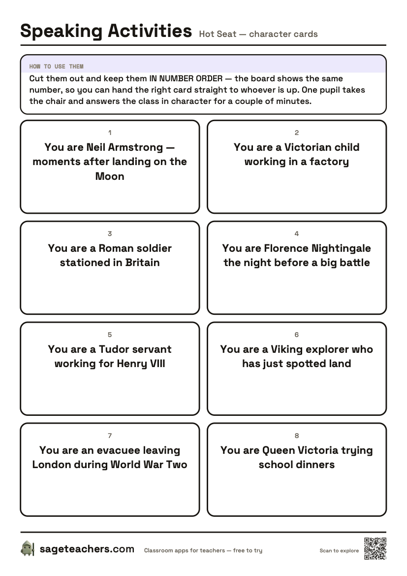 The printable character cards: numbered cut-out cards, each naming a character to be questioned in role.