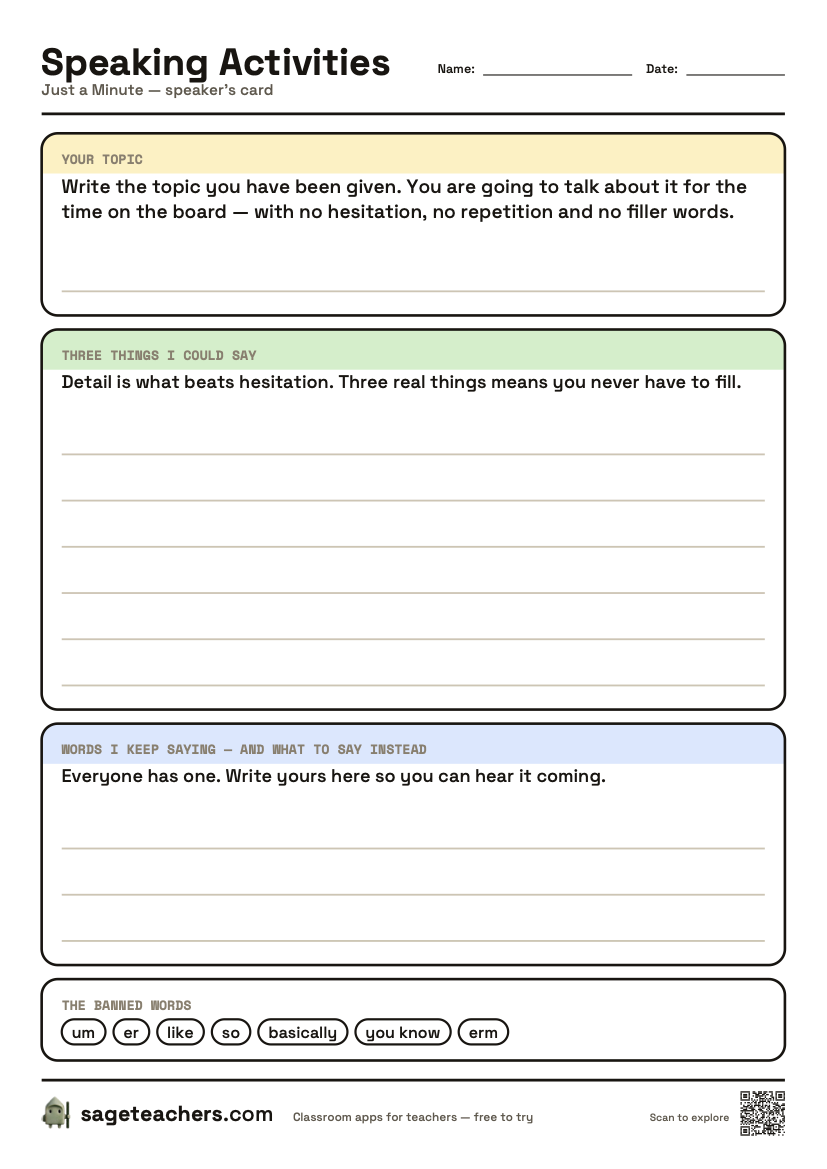 The printable speaker's card: a line for the topic, space for three things to say, and a space for the filler word you keep repeating.