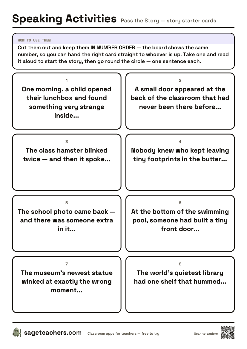 The printable story starter cards: numbered cut-out cards, each carrying one opening line for a class story.