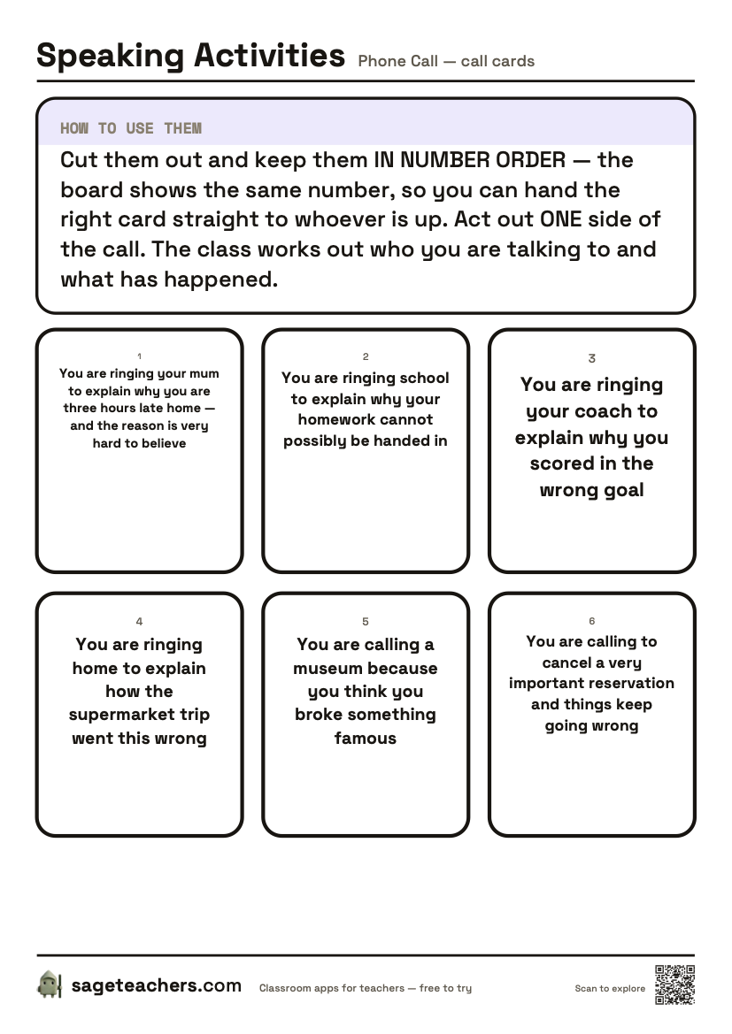 The printable call cards: numbered cut-out cards, each describing one side of a phone call to act out.