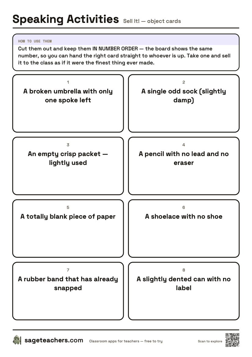 The printable object cards: numbered cut-out cards, each naming one completely useless object to sell.