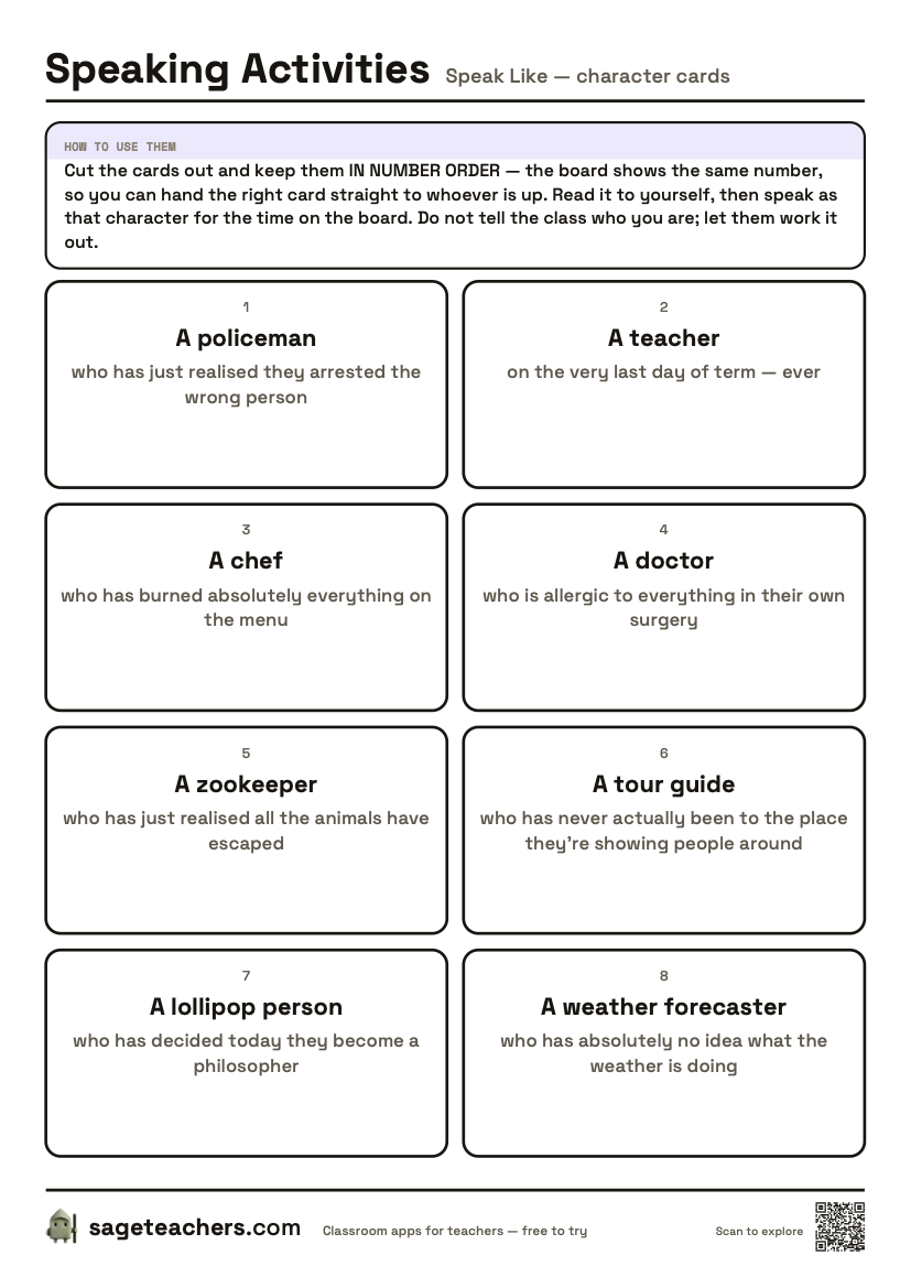 The printable character cards: cut-out cards each carrying a character and the situation they are in.