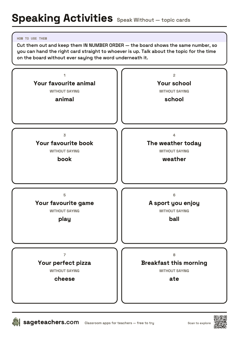 The printable topic cards: numbered cut-out cards, each with a topic to talk about and the one word you may not say.