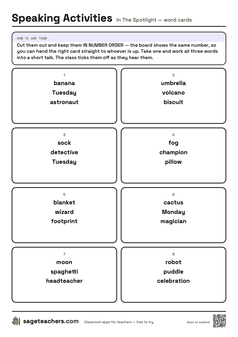 The printable word cards: numbered cut-out cards, each carrying three unrelated words to work into one talk.