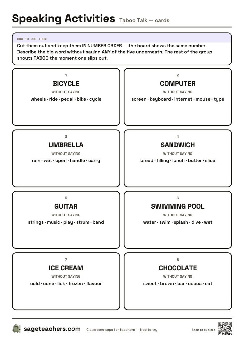 The printable taboo cards: numbered cut-out cards, each with a word to describe and the five banned words underneath.
