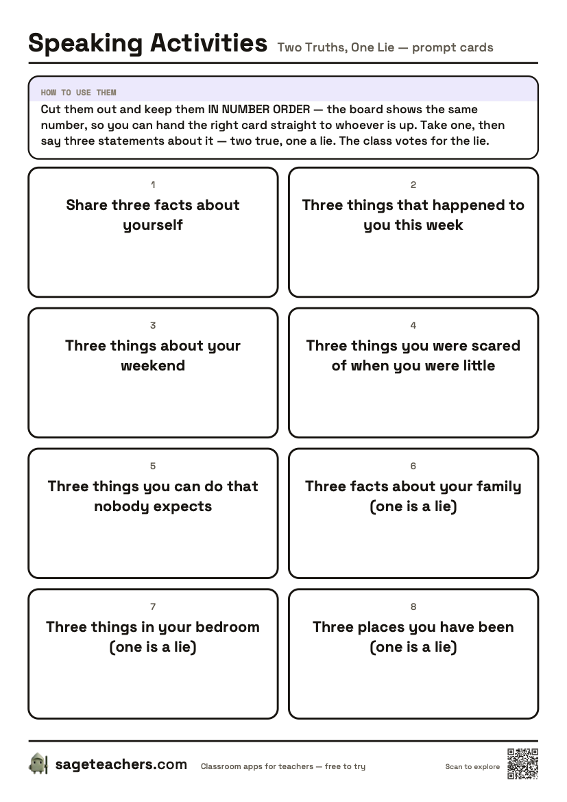 The printable prompt cards: numbered cut-out cards, each giving a subject for three statements.