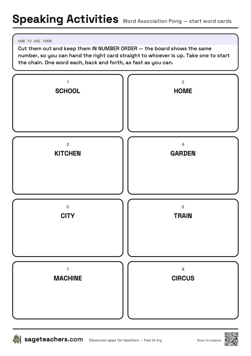 The printable start word cards: numbered cut-out cards, each with one word to begin a word association chain.
