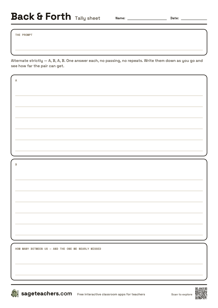 The printable Back and Forth tally sheet — an A4 page with a column for each partner and a total at the bottom.