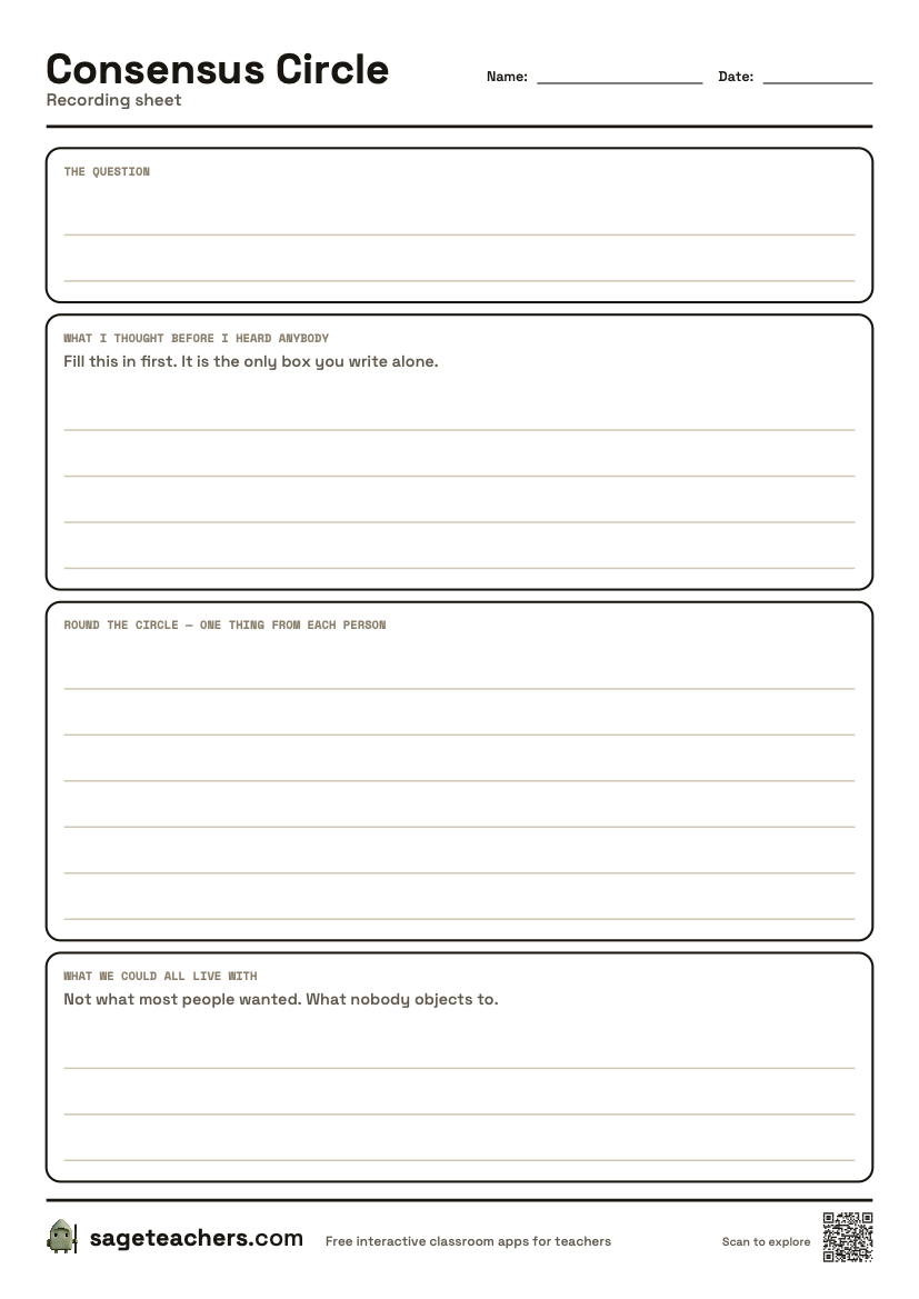 The printable Consensus Circle sheet — an A4 page for what you thought first, what everybody said, and what you could all live with.