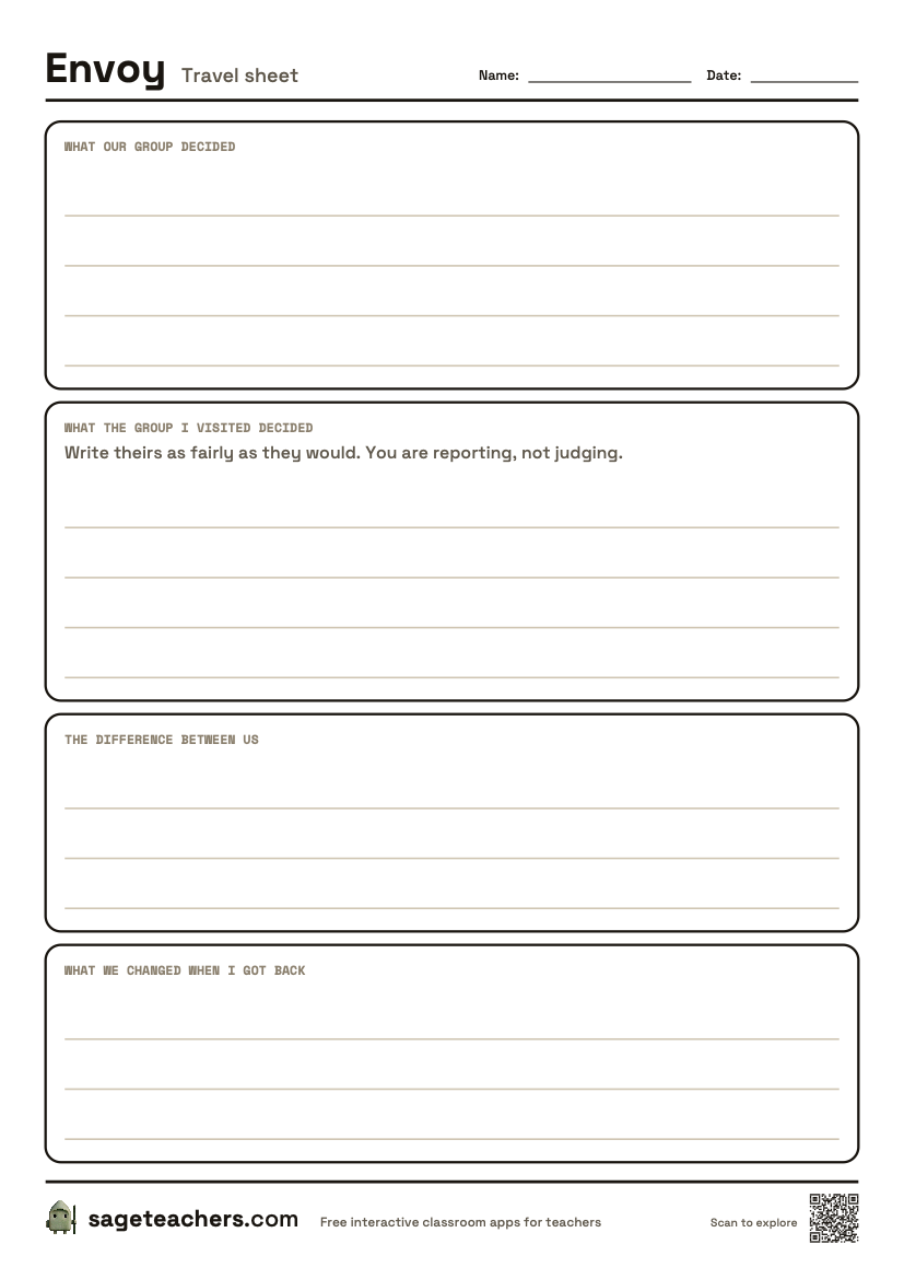 The printable Envoy travel sheet — an A4 page for your group&rsquo;s answer, the one you visited, the difference, and what you changed.