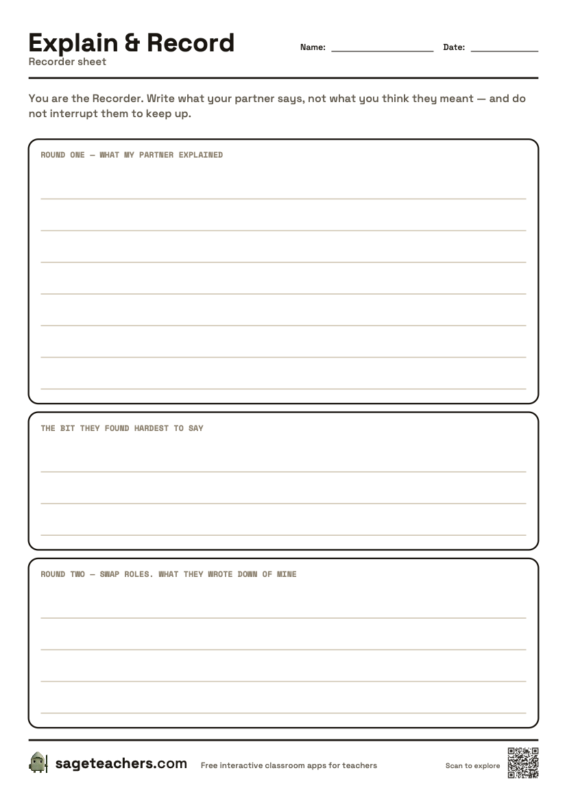 The printable Explain and Record sheet — an A4 page for the recorder to write what their partner explained.