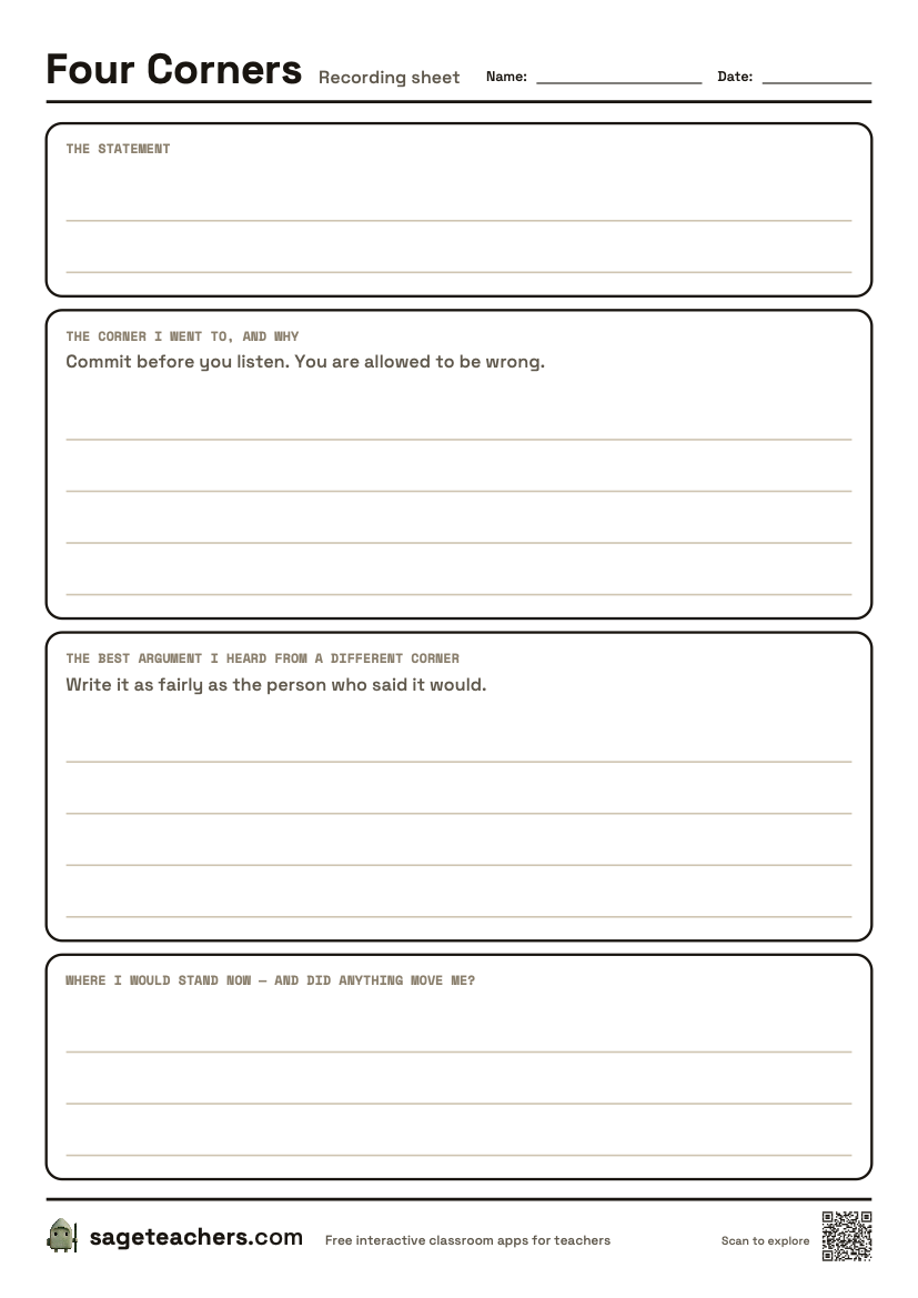 The printable Four Corners sheet — an A4 page for the statement, the corner you chose, the best argument you heard elsewhere, and where you stand now.