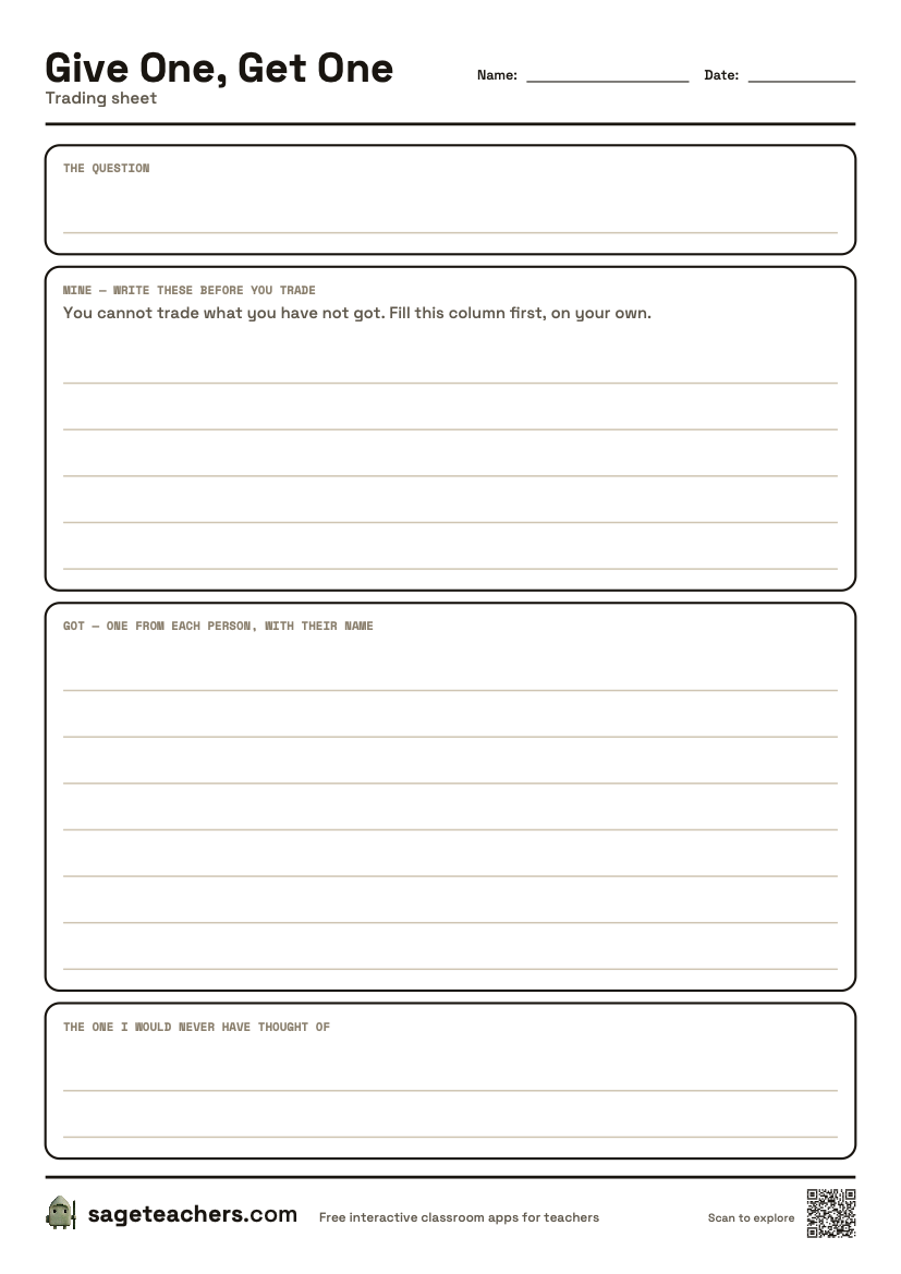 The printable Give One Get One trading sheet — an A4 page with your own ideas on one side and what you collected on the other.