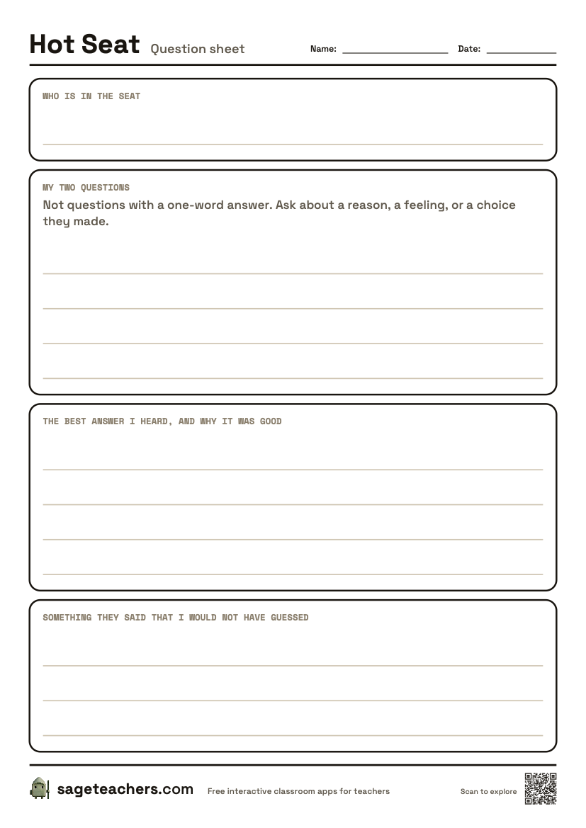 The printable Hot Seat question sheet — an A4 page for who is in the seat, your two open questions, and the best answer you heard.