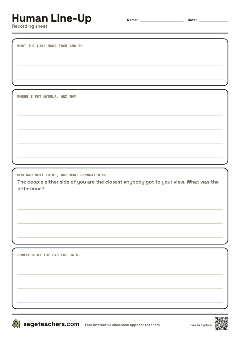 The printable Human Line-Up sheet — an A4 page for where you stood, why, and what separated you from the person beside you.