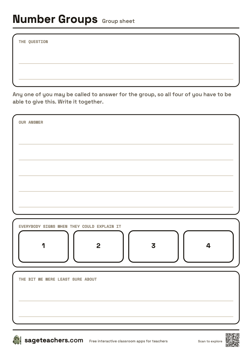 The printable Number Groups sheet — an A4 page for the group&rsquo;s agreed answer, with a box for each member to sign when they could explain it.