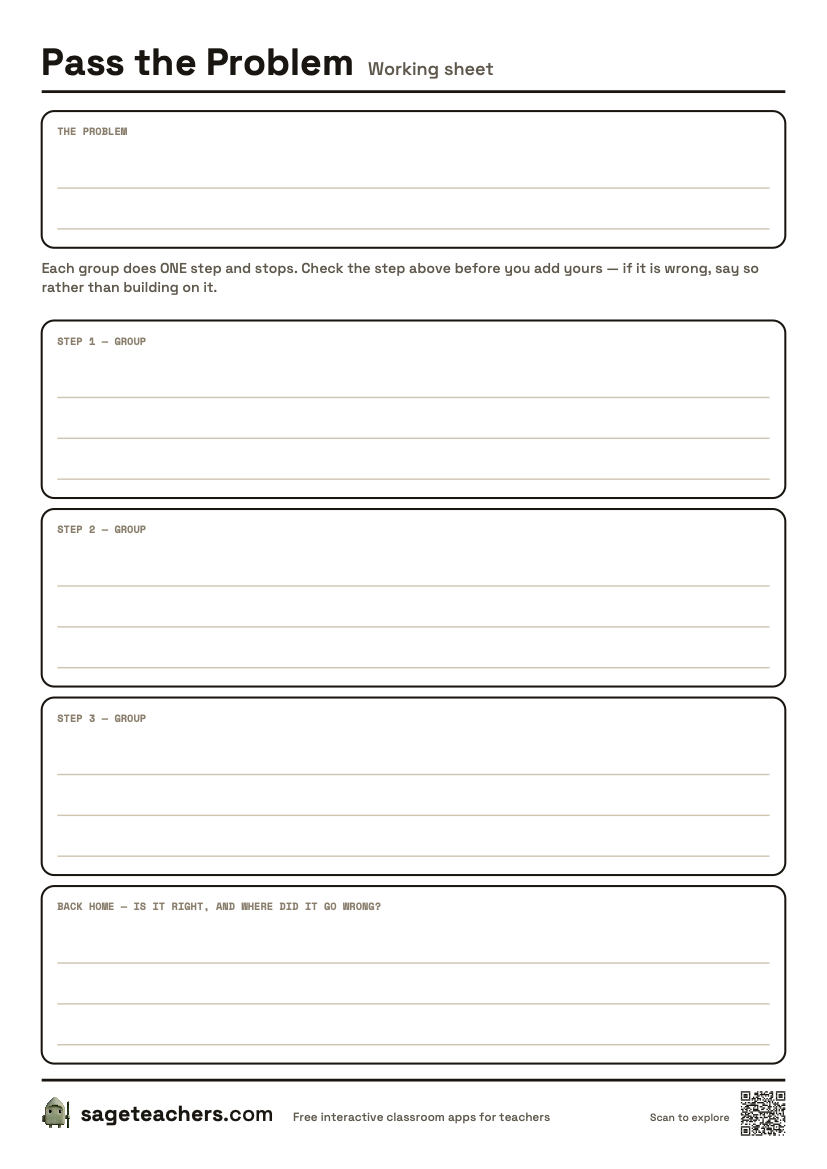 The printable Pass the Problem sheet — an A4 page with one box per step and a space to say where it went wrong.
