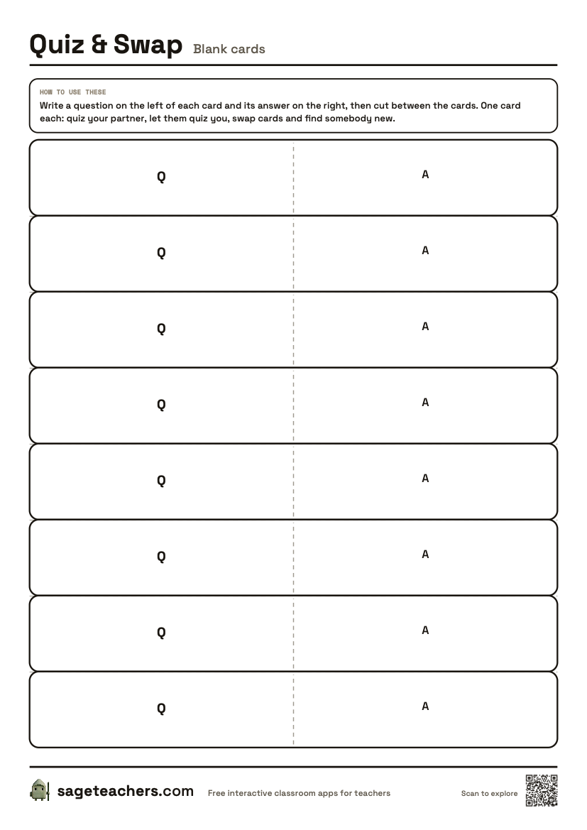 The printable Quiz and Swap cards — eight blank fold-over cards with a question on one side and its answer on the other.