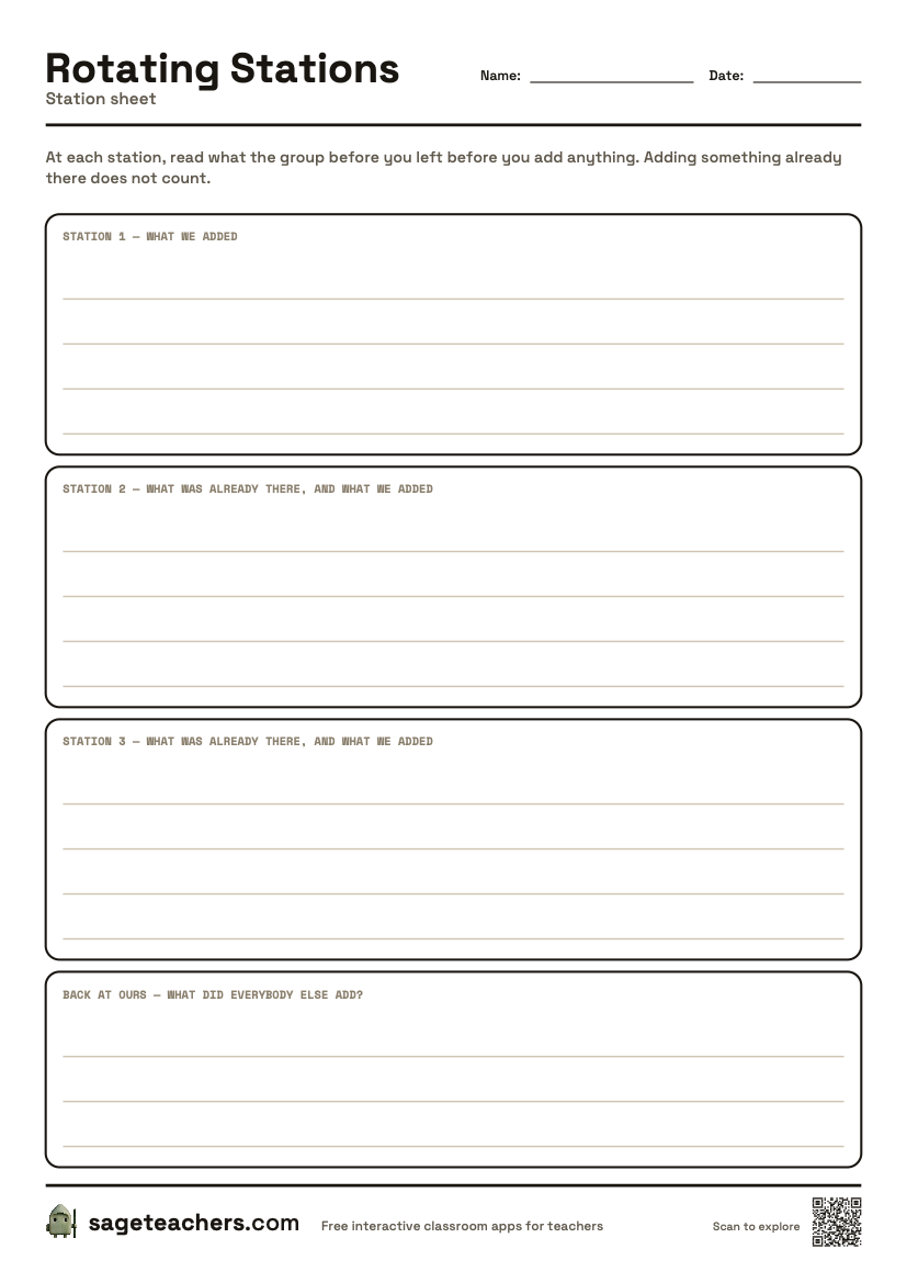 The printable Rotating Stations sheet — an A4 page with a box for what your group added at each station.