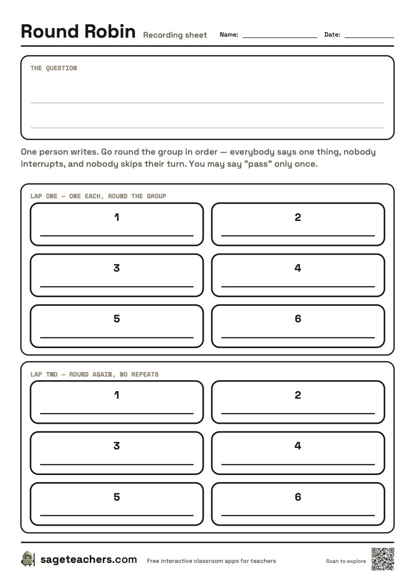 The printable Round Robin sheet — an A4 page with the question and numbered rows for each person across two laps.