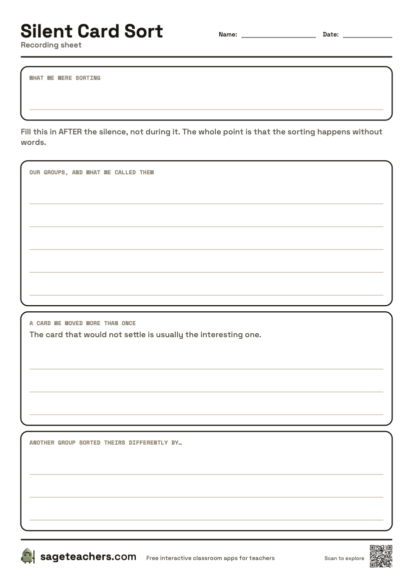 The printable Silent Card Sort recording sheet — an A4 page for the groups you made, the card that would not settle, and how another table differed.