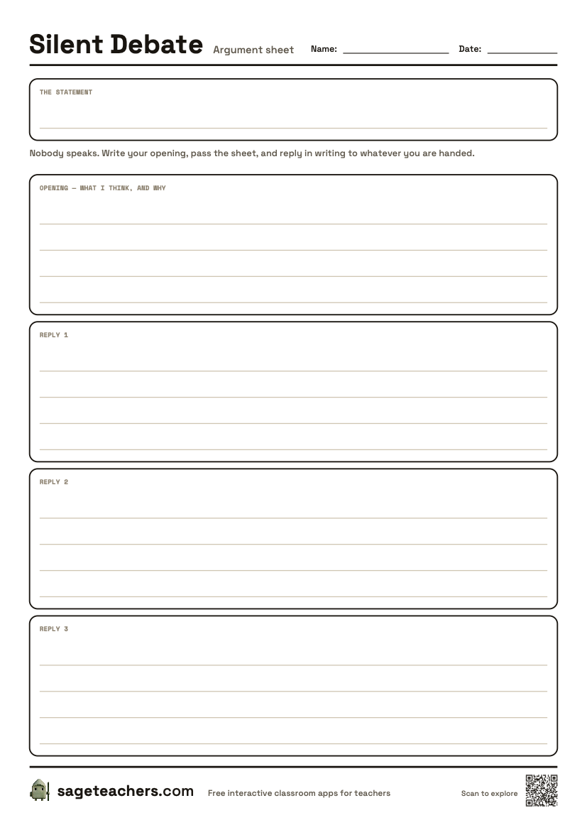 The printable Silent Debate sheet — an A4 page with an opening statement and three written replies.