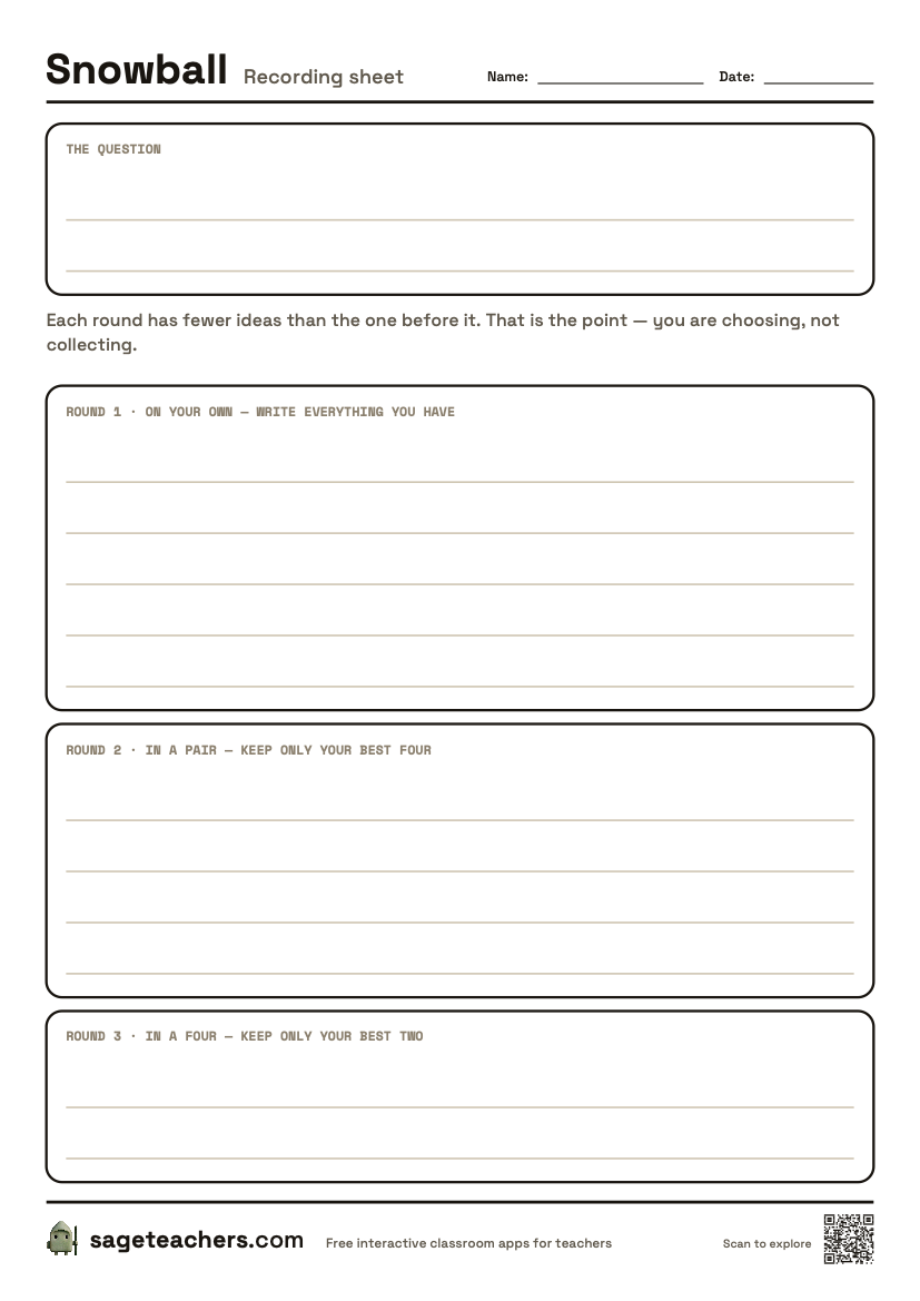 The printable Snowball sheet — an A4 page with shrinking space for each round, from five lines alone to two lines in a group of eight.