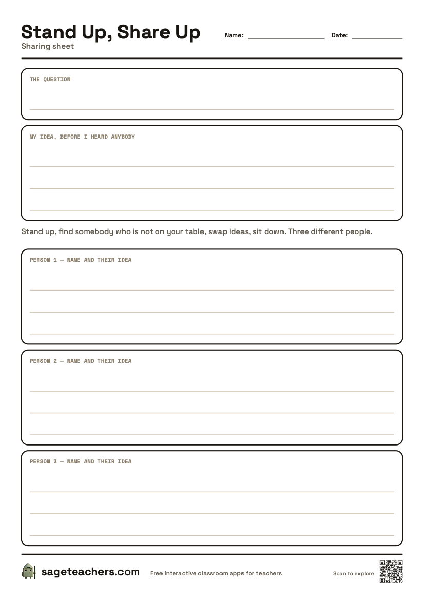 The printable Stand Up Share Up sheet — an A4 page for your own idea and the three people you shared with.
