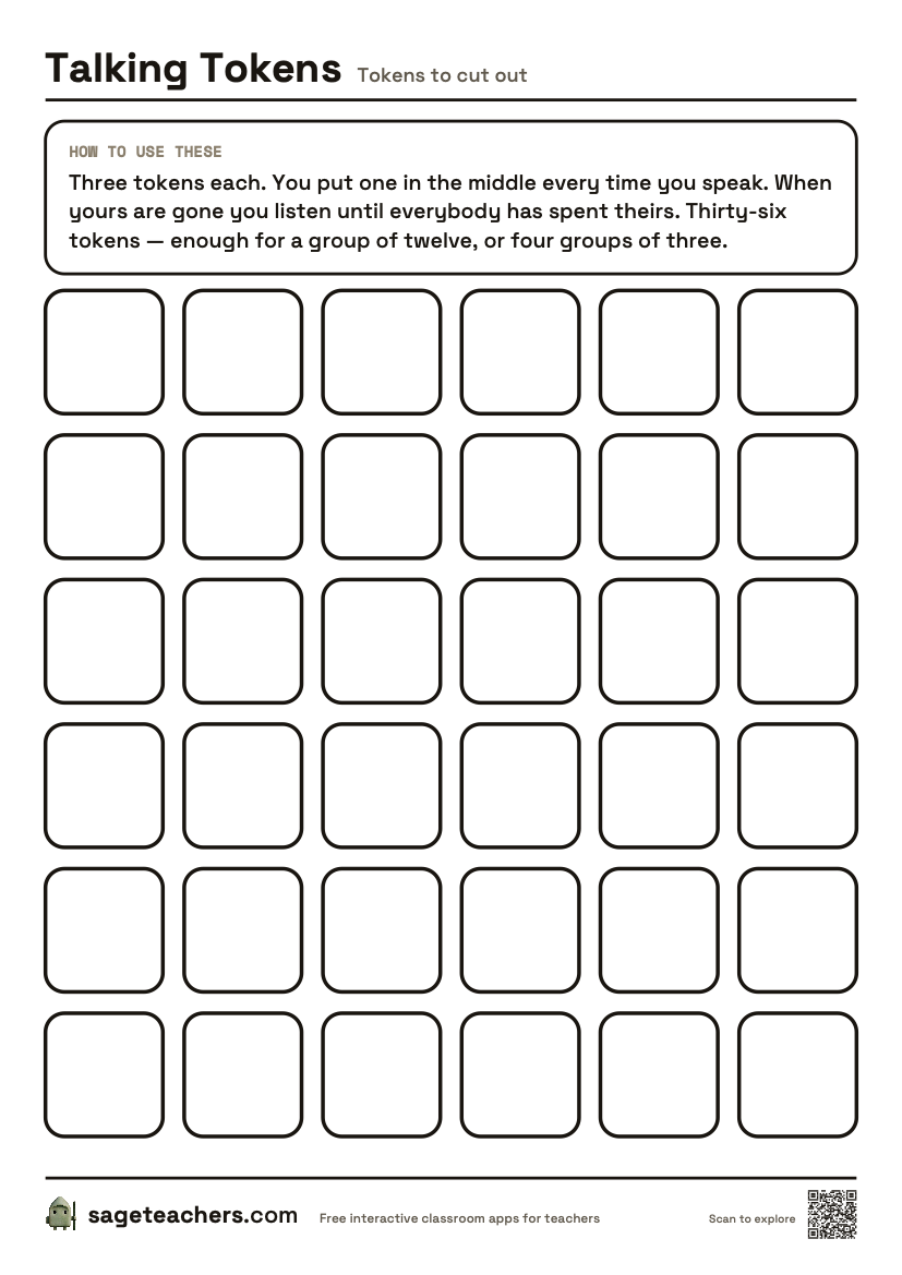 The printable Talking Tokens sheet — an A4 page of thirty-six tokens to cut out, three per child.