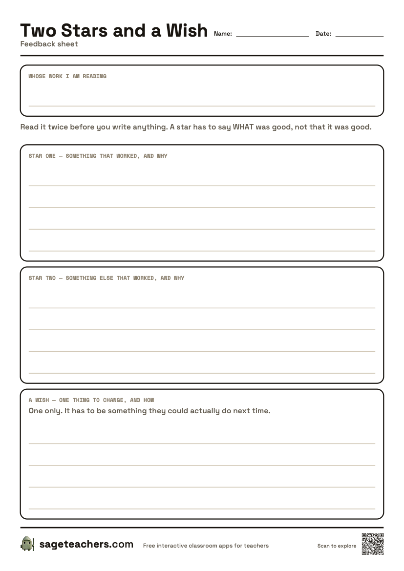 The printable Two Stars and a Wish feedback sheet — an A4 page for two things that worked, with reasons, and one thing to change.