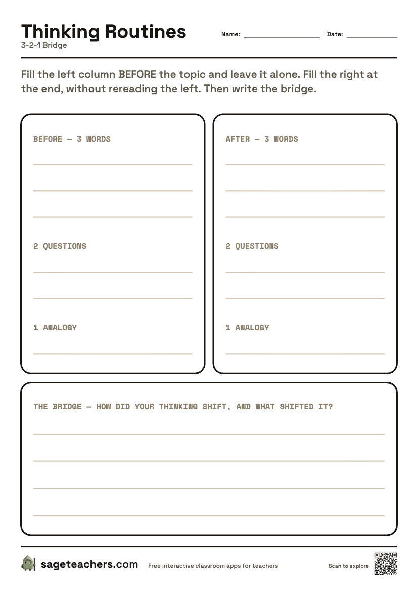 The printable 3-2-1 Bridge sheet — an A4 page with a box for each step of the routine and room to write.
