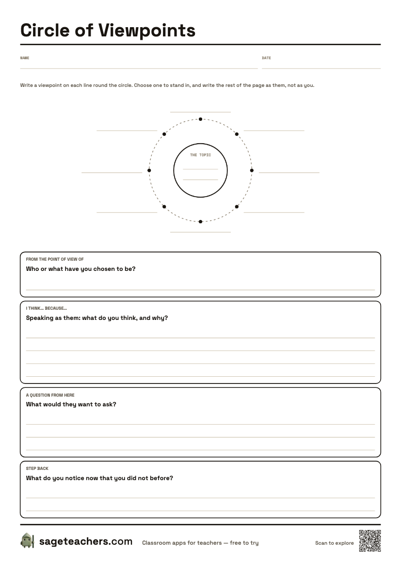 The printable Circle of Viewpoints sheet: an A4 page with the topic in a circle and lines round it for the viewpoints, then boxes to speak as one of them.