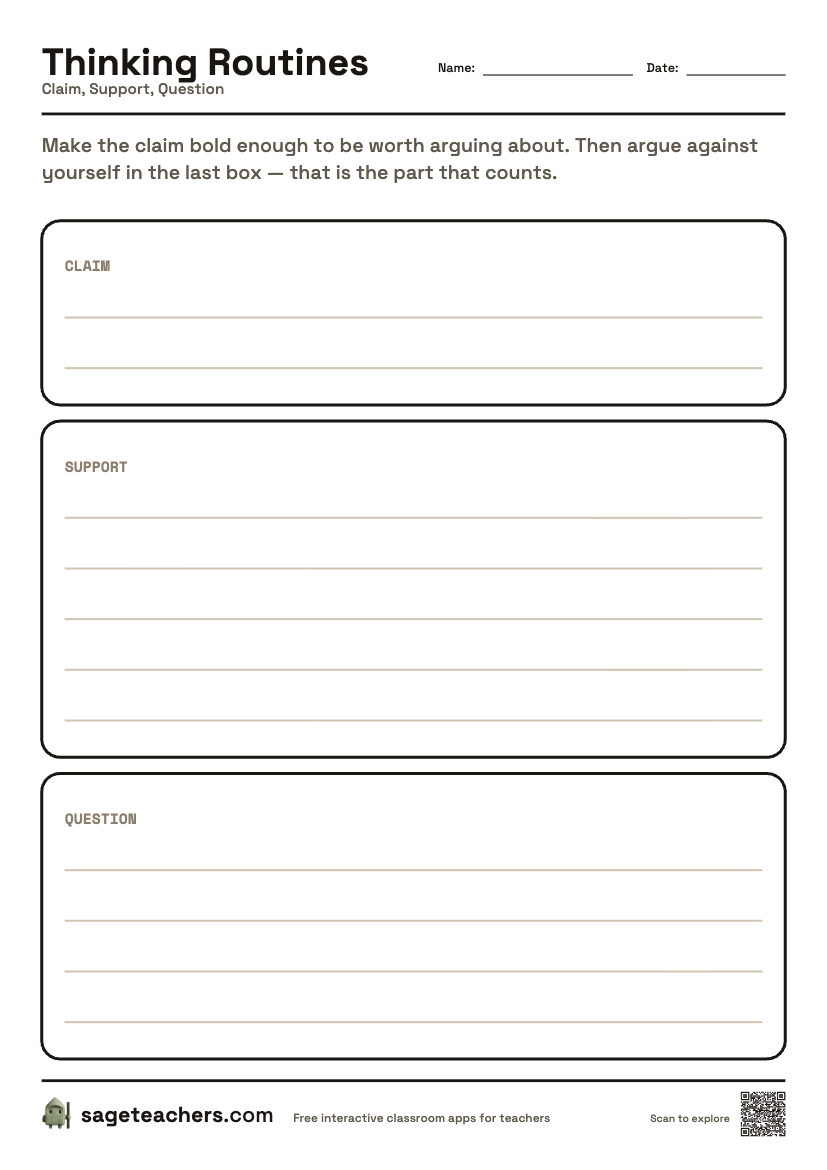 The printable Claim, Support, Question sheet — an A4 page with a box for each step of the routine and room to write.