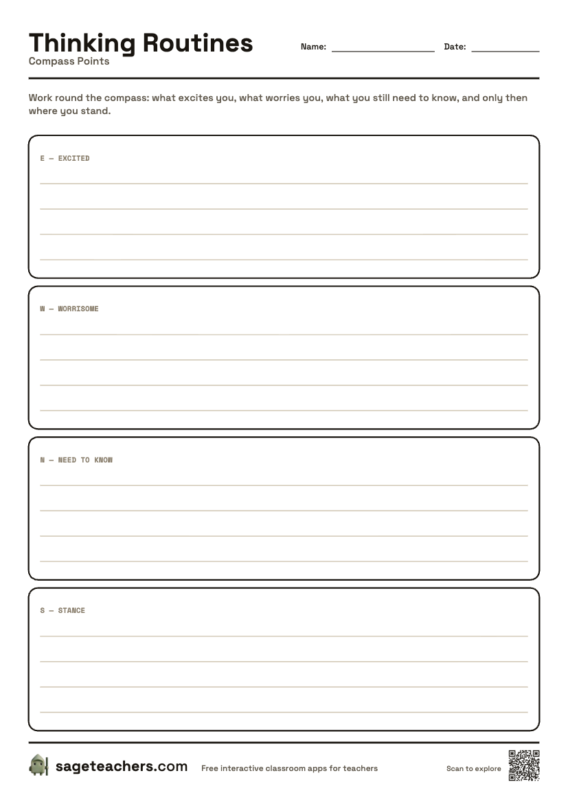The printable Compass Points sheet — an A4 page with a box for each step of the routine and room to write.