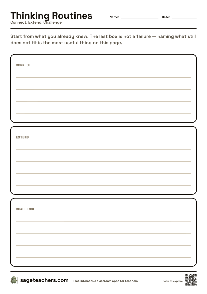 The printable Connect, Extend, Challenge sheet — an A4 page with a box for each step of the routine and room to write.