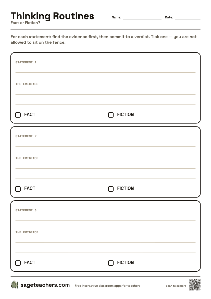 The printable Fact or Fiction? sheet — an A4 page with a box for each step of the routine and room to write.