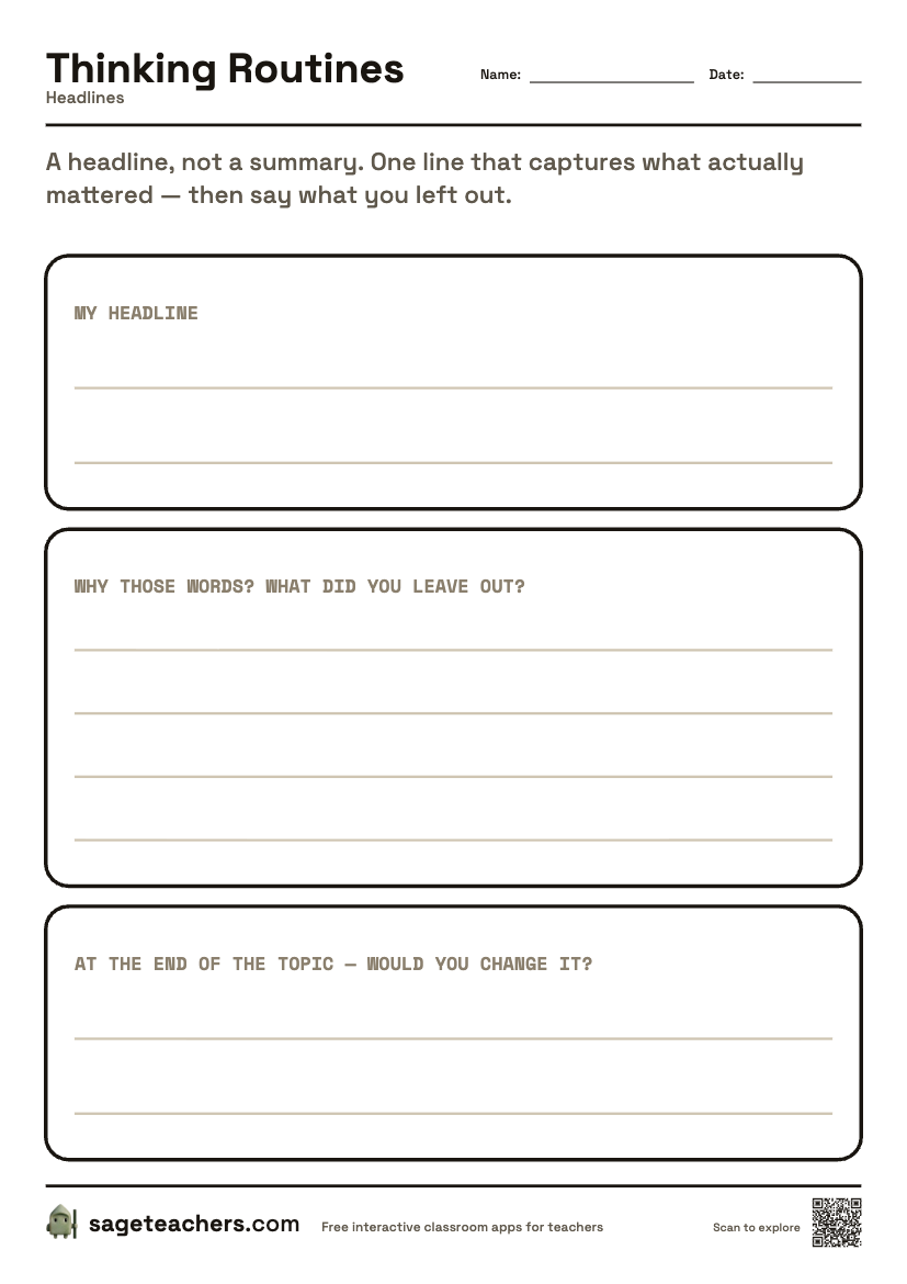 The printable Headlines sheet — an A4 page with a box for each step of the routine and room to write.