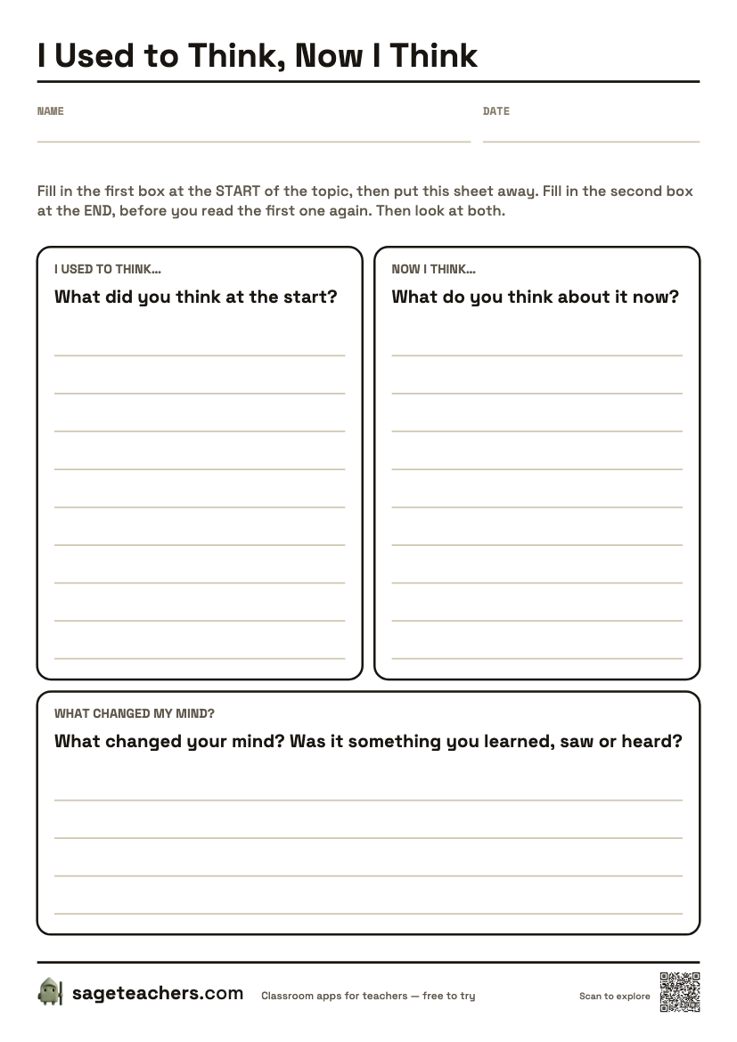 The printable I Used to Think, Now I Think sheet: an A4 page with a box for what you used to think beside a box for what you think now, and a box for what changed your mind.