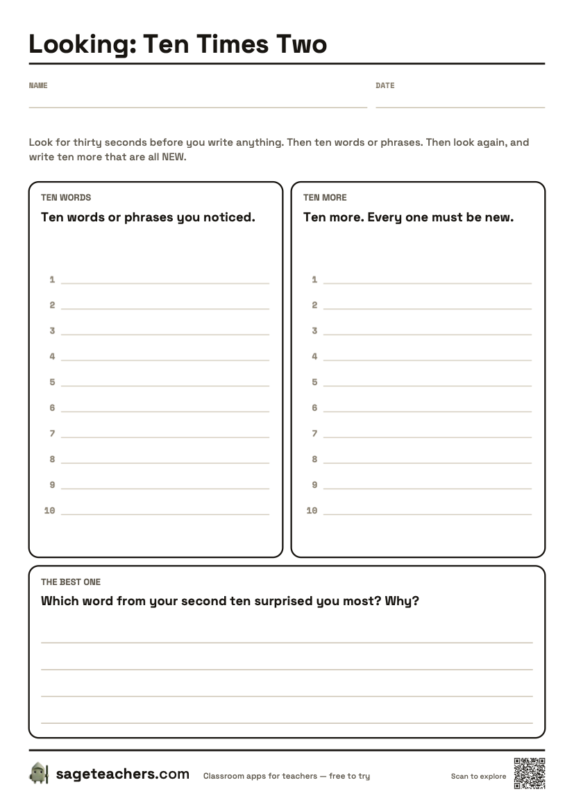 The printable Looking: Ten Times Two sheet: an A4 page with two numbered lists of ten side by side, one for each look, and a box for the best word.