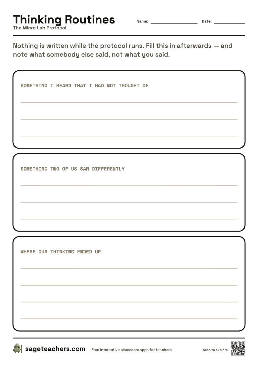 The printable The Micro Lab Protocol sheet — an A4 page with a box for each step of the routine and room to write.